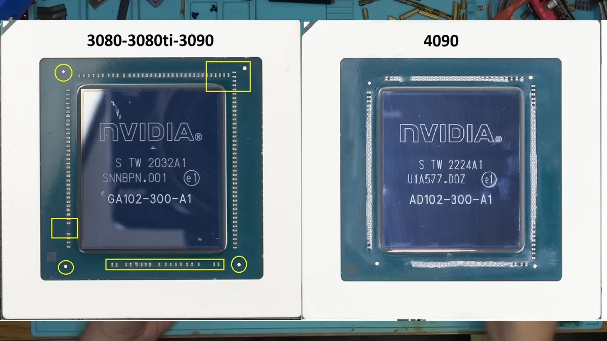 Close-up of laser-etched markings on a counterfeit graphics card chip