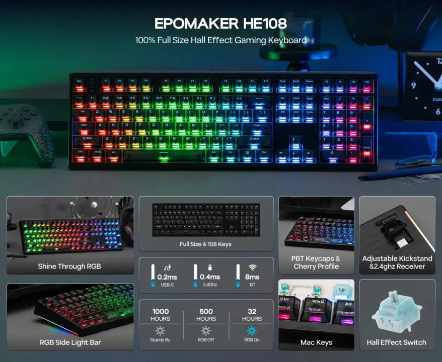 EPOMAKER HE108 Full-Size Keyboard with 128kHz Single-Key Scan Rate