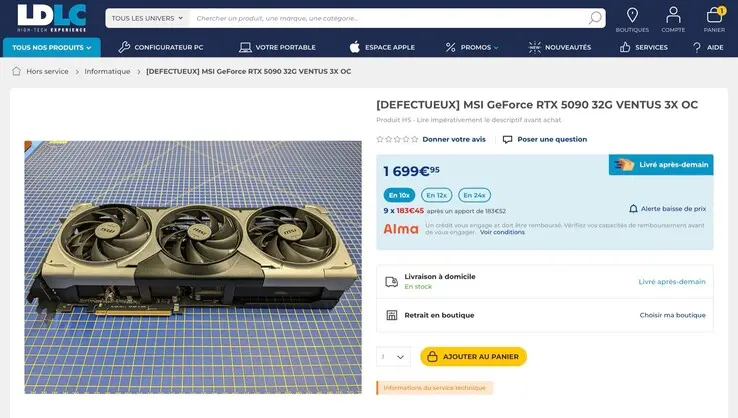 LDLC Sells Defective Nvidia GeForce RTX 5090 GPUs for €1,499