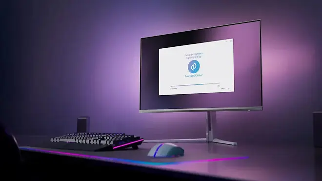 Philips Evnia monitor displaying vibrant colors with ambient lighting