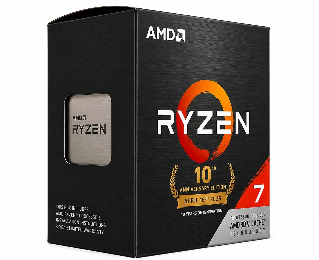 Ryzen 7 5800X3D processor box commemorating the tenth anniversary of the AM4 desktop gaming platform launch in 2016.