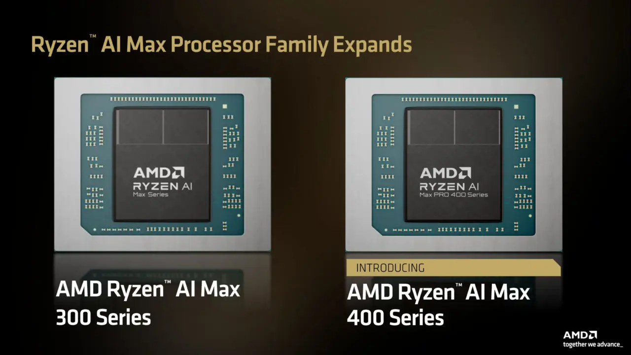 AMD Ryzen AI MAX+ PRO 495 chip with sixteen Zen 5 CPU cores and Radeon 8065S graphics processor.