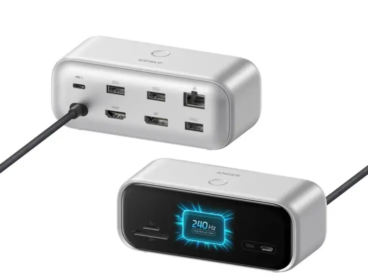 Anker Nano USB-C Hub (10-in-1) device with built-in display showing charging status.