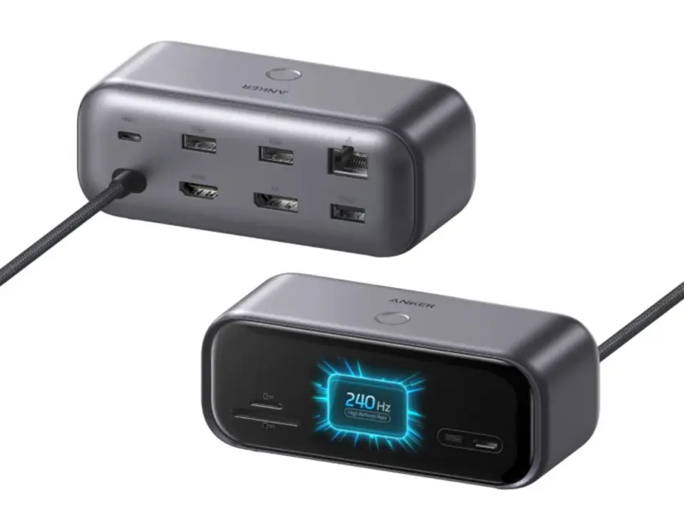 Anker Nano USB-C Hub (10-in-1) device with built-in display showing charging status.
