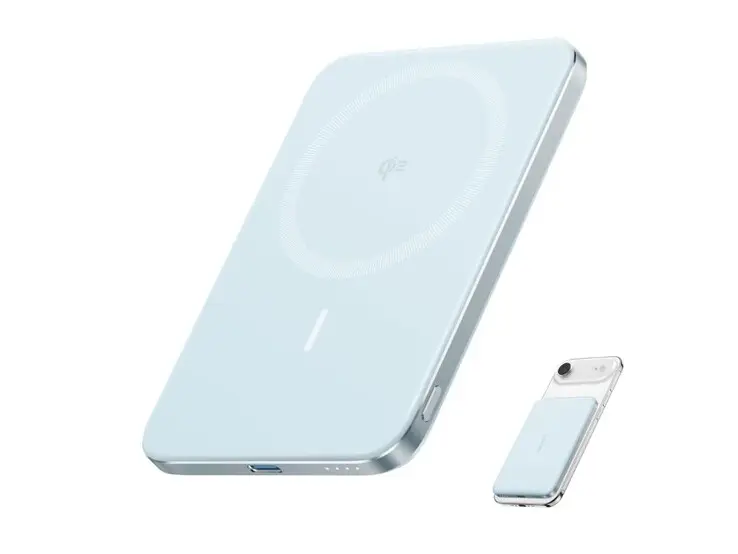 Slim blue Anker power bank targeting portable charging for smartphones.