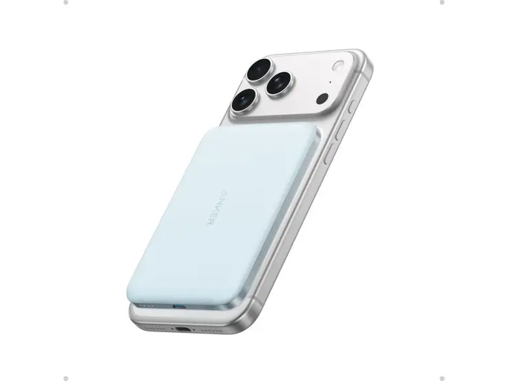 Anker Nano Power Bank blue variant with 5,000 mAh battery and Qi2 wireless charging support.