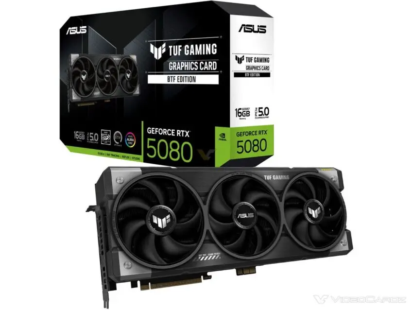 ASUS GeForce RTX 5080 TUF BTF graphics card with detachable GC-HPWR gold finger adapter