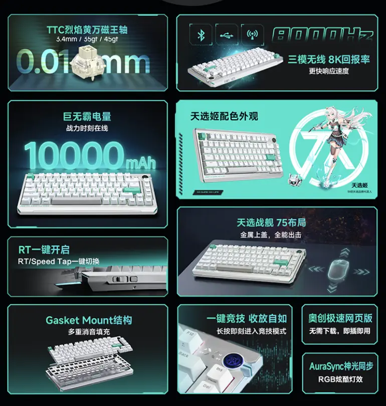 ASUS TX75 magnetic-axis gaming keyboard with Magic Cyan color scheme