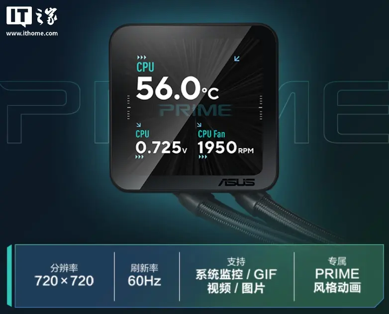 The unit features a 3.95-inch IPS LCD panel with 720x720 resolution for system monitoring.