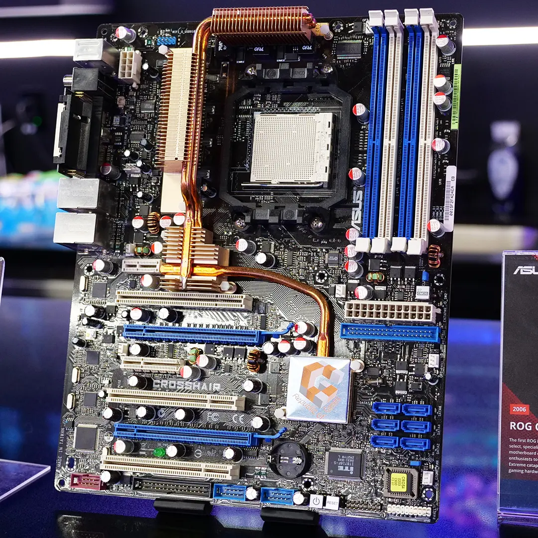 ROG 20th Anniversary motherboard heatsink with retro ROG logo and small screen module