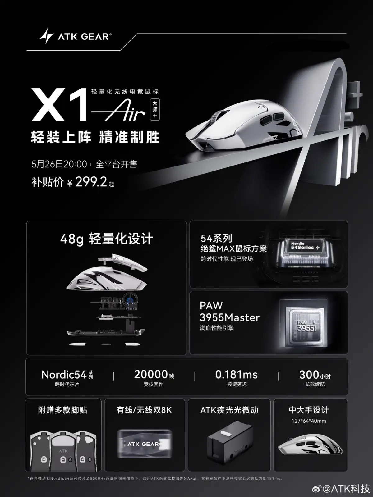 ATK Liekong X1 Air Master Edition gaming mouse with PAW3955 MASTER sensor and NORDIC 54L controller