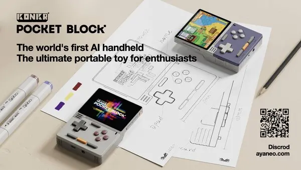 Ayaneo Konkr Pocket Block vertical handheld gaming device with touch display and stereo speakers