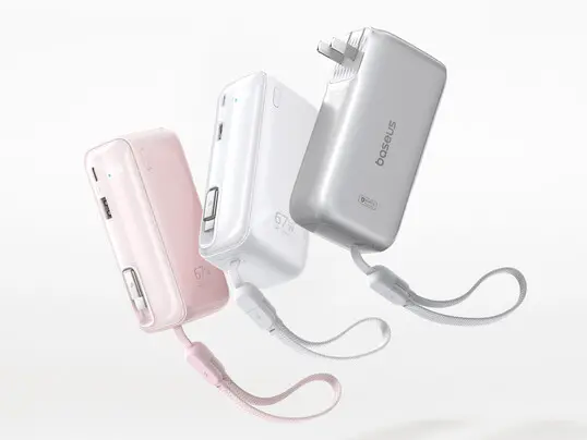 Baseus SuperCharge Pro 3-in-1 power bank with retractable USB-C cable and detachable Type-C lanyard-style cable for versatile charging.