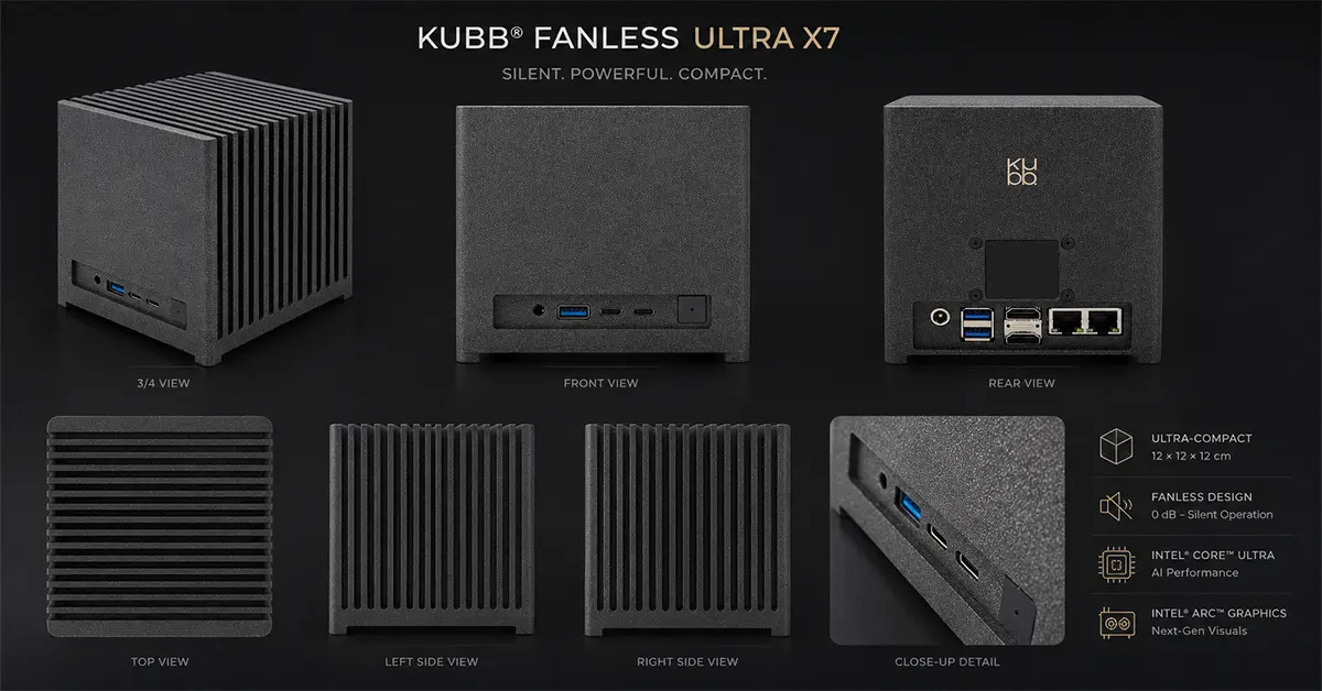Bleu Jour Kubb X7 358H fanless mini PC front view