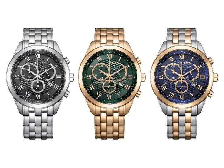 Citizen AT2600-57E Eco-Drive chronograph with black dial and silver tone stainless steel strap
