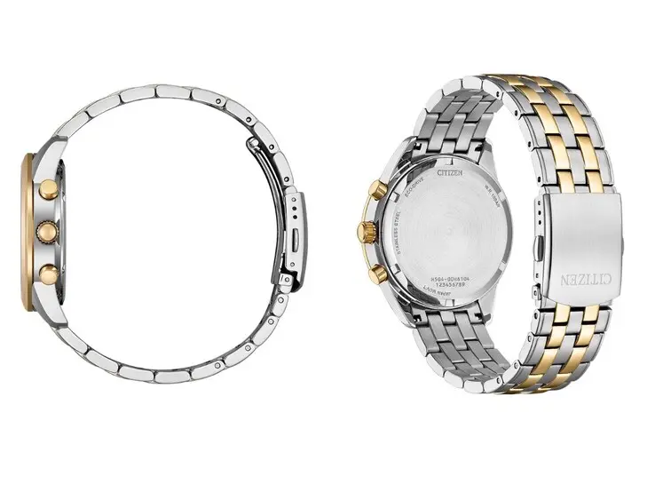 Citizen AT2606-51L Eco-Drive watch displaying dark blue dial, rose gold tone bezel, and dual-tone strap