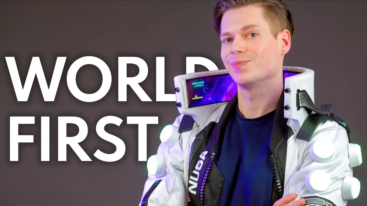 Cyberpunk 2077 NUSA Infiltrator jacket with flexible OLED collar display driven by dual Raspberry Pi 4 SBCs