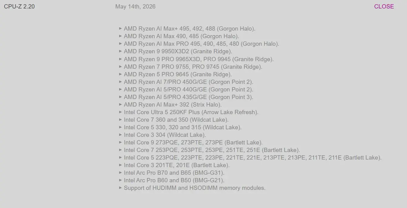CPU-Z 2.20 adds support for AMD Ryzen AI Max+ and PRO 9000 series.