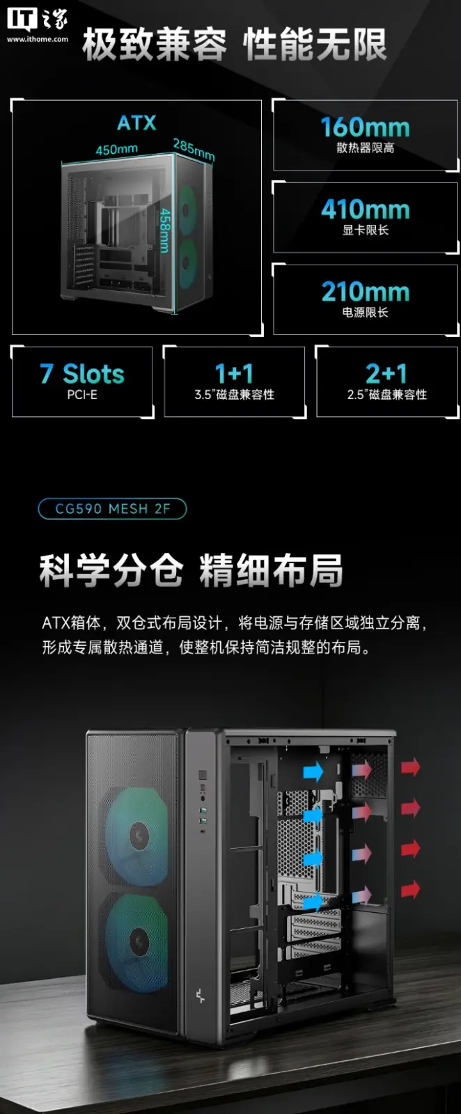 DEEPCOOL CG590 chassis dual-chamber layout separating power supply and storage areas with front ARGB fans