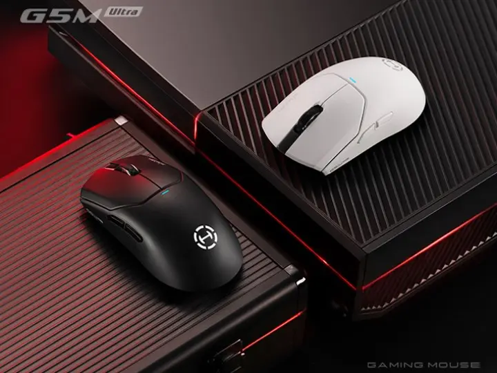 Edifier HECATE G5M Ultra gaming mouse with patented Q-click hot-swappable modular switches and ergonomic mid-to-large hand grip design.