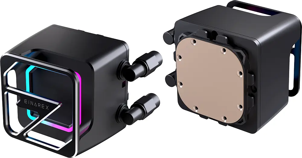 EINAREX HALOX AIO cooler pump block with hollow frame and ARGB lighting