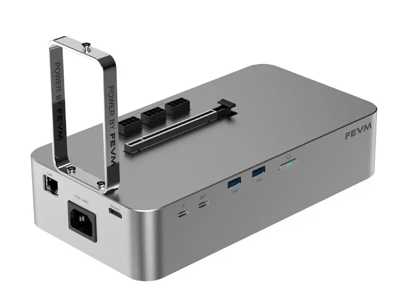 FEVM FNGT5 PLUS external GPU dock with Thunderbolt 5 and OCuLink ports for desktop graphics expansion.