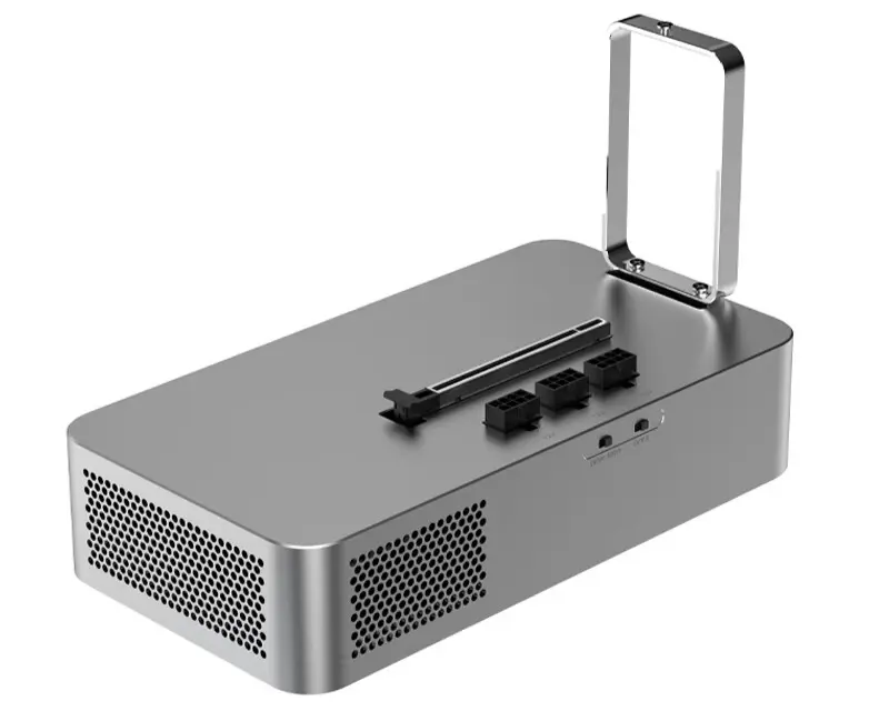FEVM FNGT5 PLUS external GPU dock with Thunderbolt 5 and OCuLink ports for desktop graphics expansion.