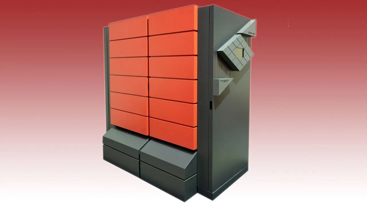Cray T3D-MC512 supercomputer with 512 DEC Alpha processors and Fluorinert liquid cooling system inside Tomato Red chassis.
