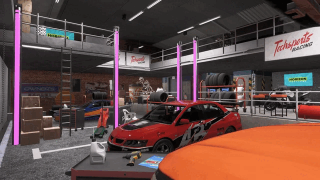 Forza Horizon 6 replica of Han's underground garage from Tokyo Drift featuring neon lighting and specific vehicles.