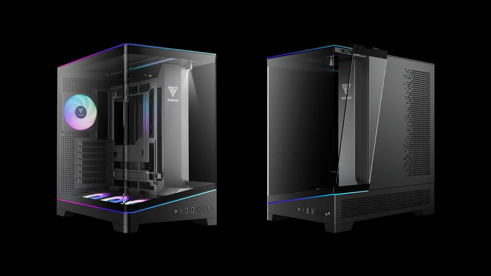 ATLAS P6 CG panoramic PC case with 270-degree curved tempered glass front panel and right-side glass panel