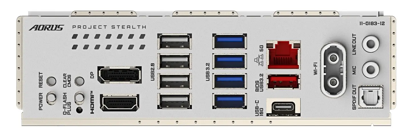 Rear I/O panel of B850M AORUS STEALTH ICE featuring 5GbE LAN, Wi-Fi 7 antenna, and multiple USB ports.