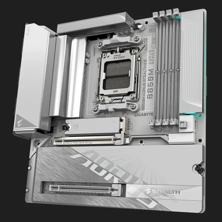 GIGABYTE B850M AORUS STEALTH ICE motherboard with double-copper PCB and 8+2+2 phase power delivery system.