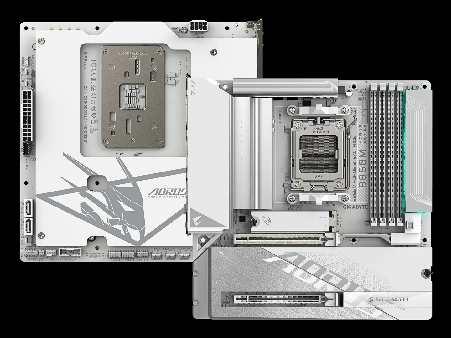 GIGABYTE B850M AORUS STEALTH ICE motherboard with double-copper PCB and 8+2+2 phase power delivery system.