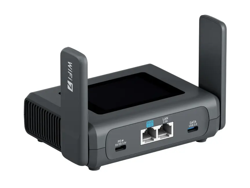 GL.iNet Slate 7 Pro portable travel router with foldable antennas and compact design