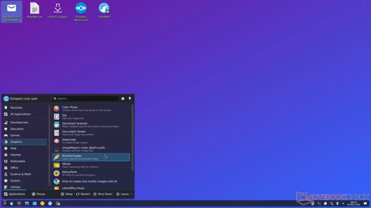 Gnoppix Linux 26.6 desktop interface showing LibreWolf browser and system settings