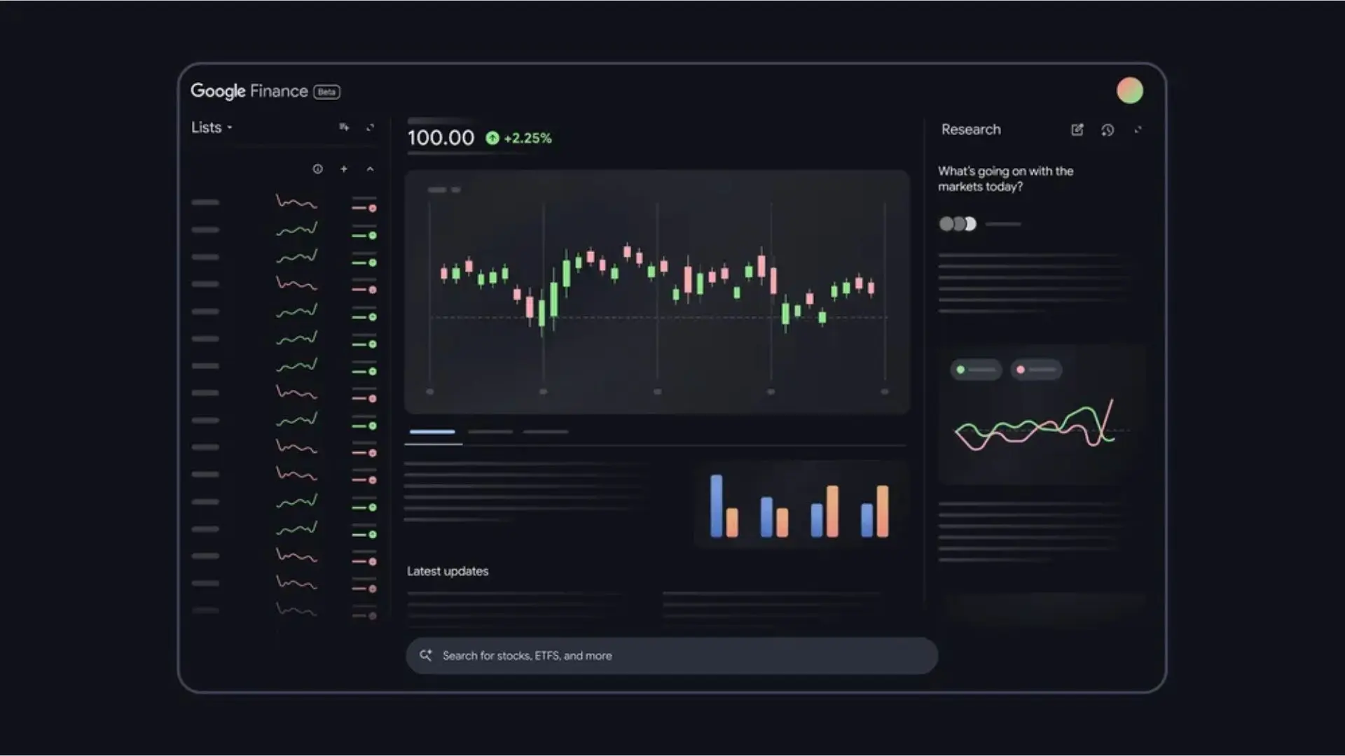 Google Finance AI research tool interface showing stock analysis