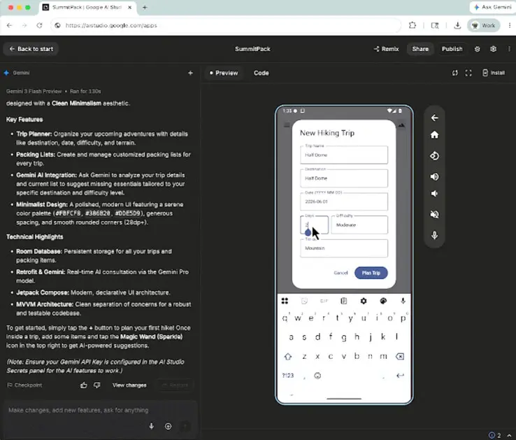 Google Gemini AI Studio vibe coding interface for Android apps