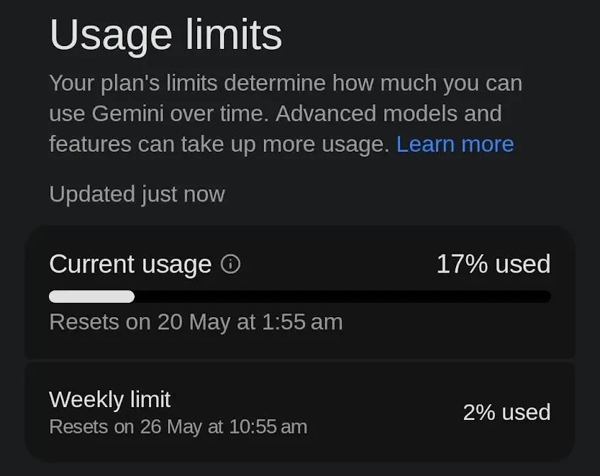 Google Gemini AI usage limits counter interface