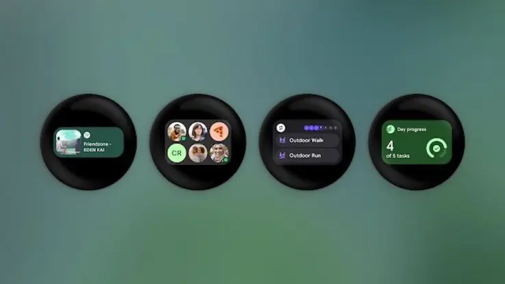 Google Wear OS 7 smartwatch interface with interactive widgets