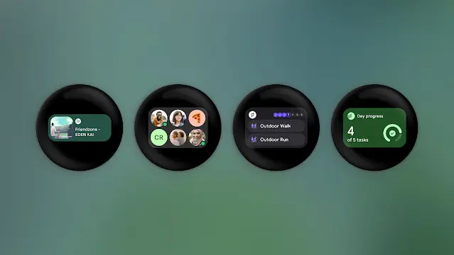 Google WearOS 7 smartwatch interface with widgets
