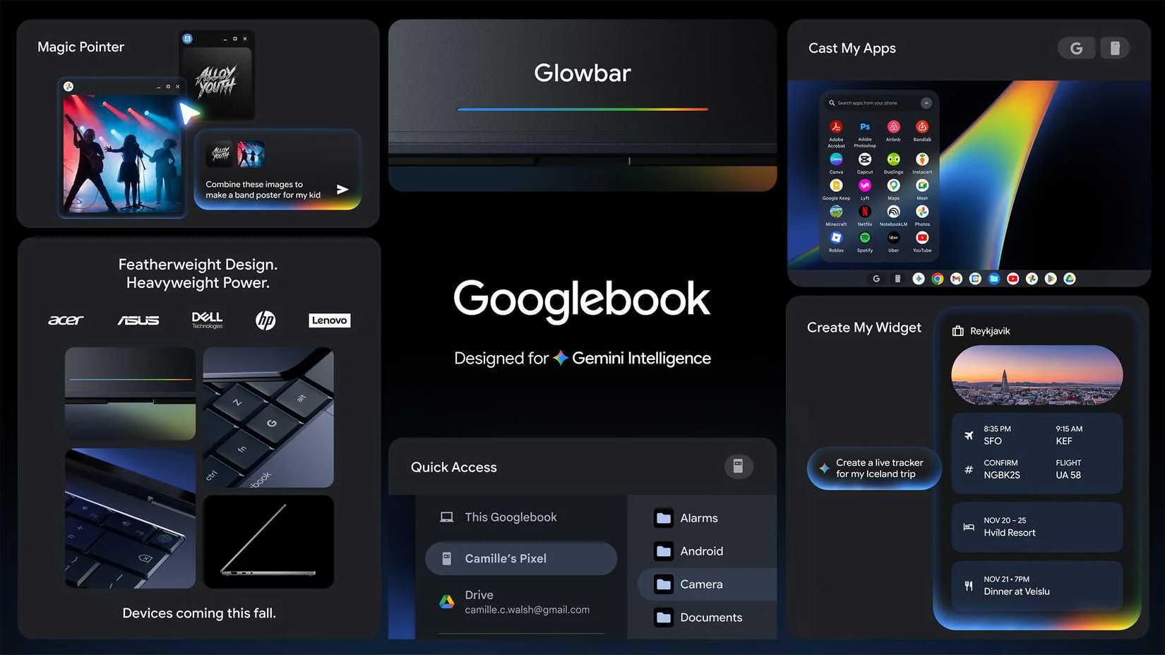 Googlebook laptop with Glowbar LED strip and Gemini widgets