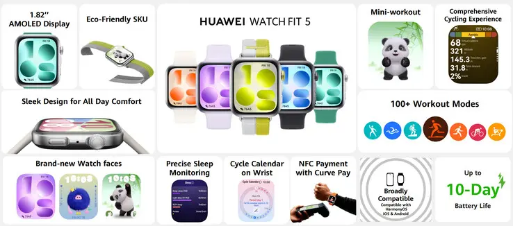 Huawei Watch Fit 5 with 1.82-inch AMOLED display and 2500 nits brightness