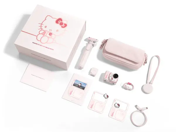 Insta360 Go Ultra Hello Kitty Edition accessories including pink handbag
