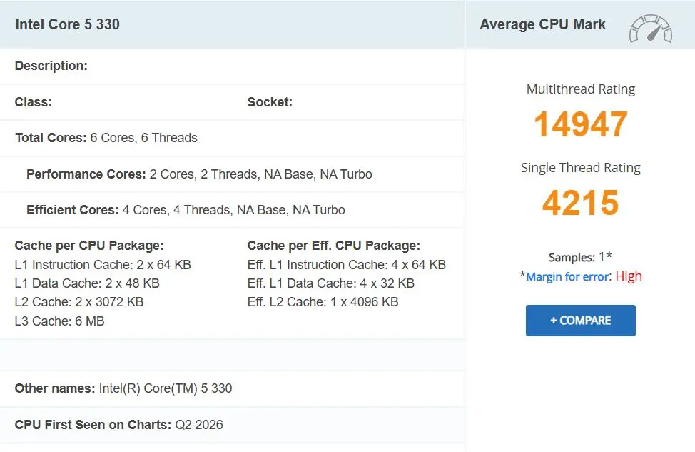Intel Core 5 330 processor benchmark listing