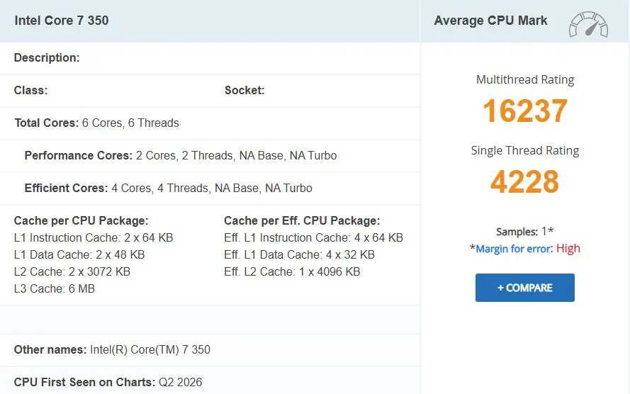 Intel Core 7 350 Wildcat Lake Appears on PassMark, Beats Apple A19 Pro in Multi-Core