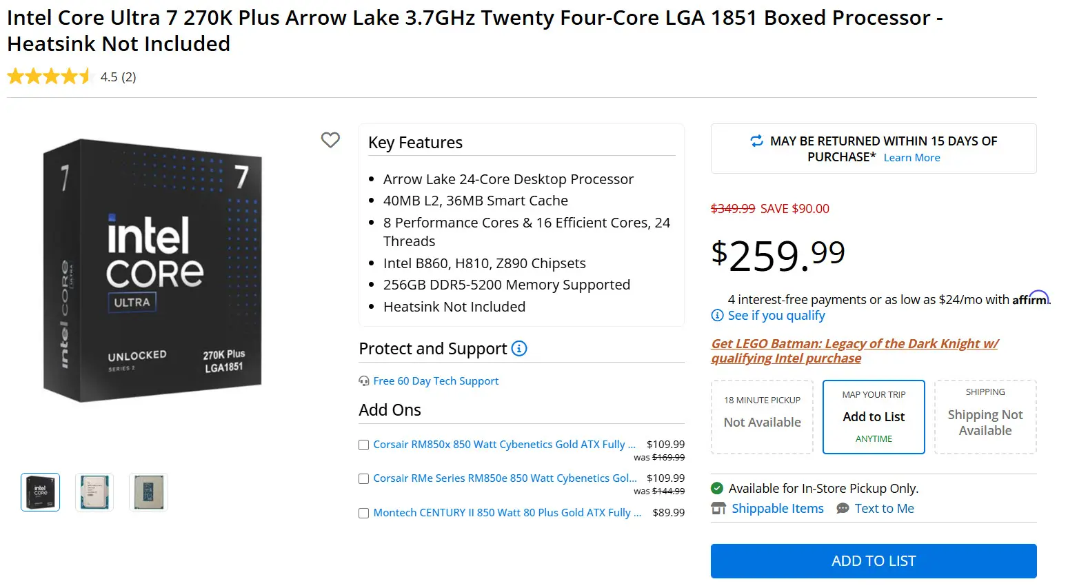 Intel Core Ultra 7 270K Plus processor with 24 cores