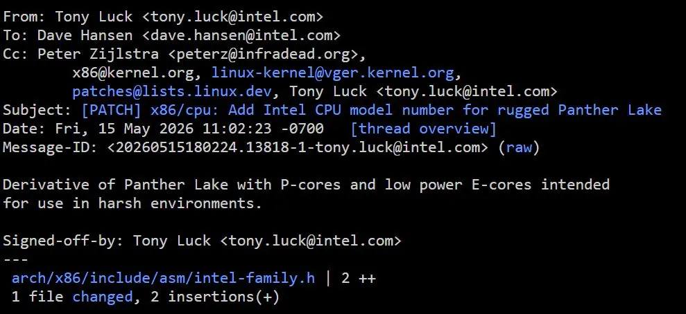 Intel Panther Lake R model ID 223 Linux patch disclosure