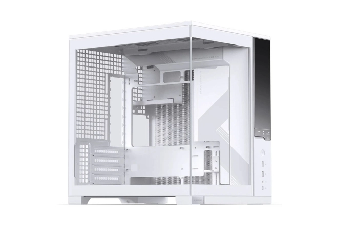 Rear connector motherboard design and front-panel digital display show system information like time and CPU temperature.
