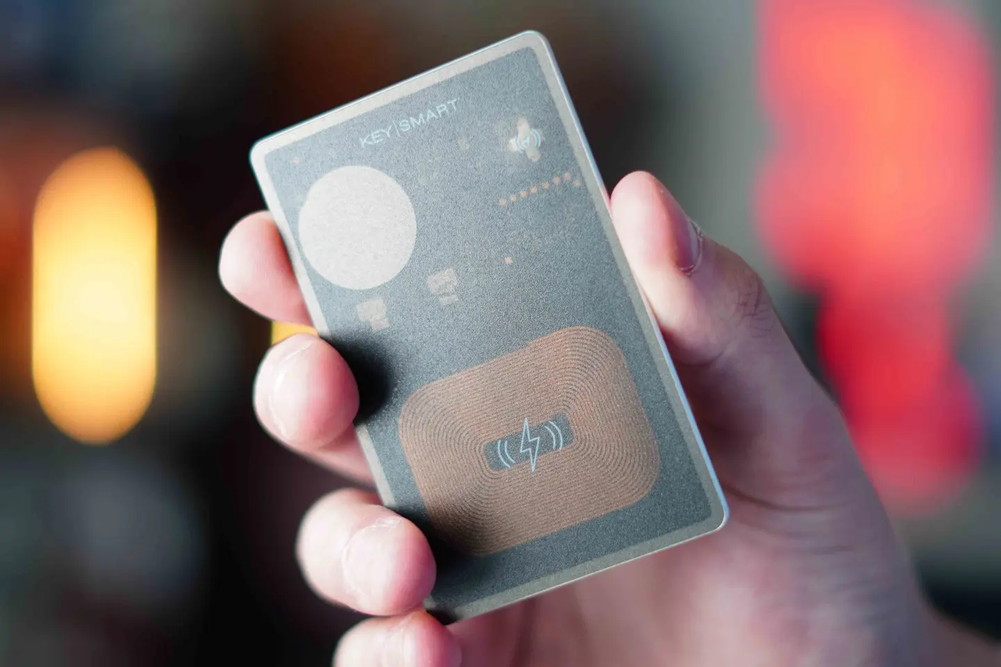 Close-up of the KeySmart SmartCard Pro see-through casing and aluminum trim