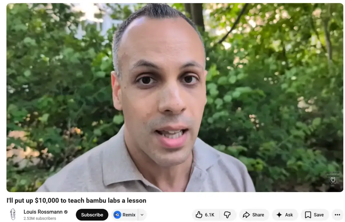 Louis Rossmann Pledges $10,000 for Developer Threatened by Bambu Lab